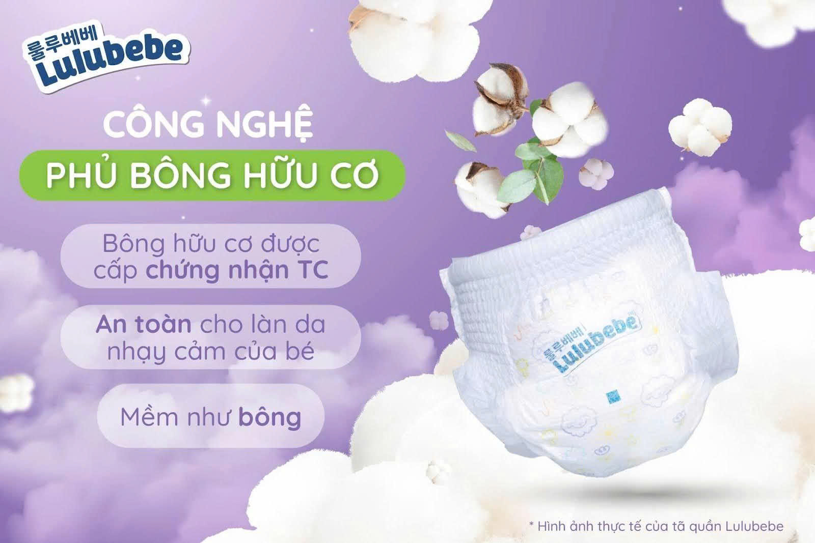 Bề mặt bỉm Lulubebe chứa bông hữu cơ an toàn cho làn da bé