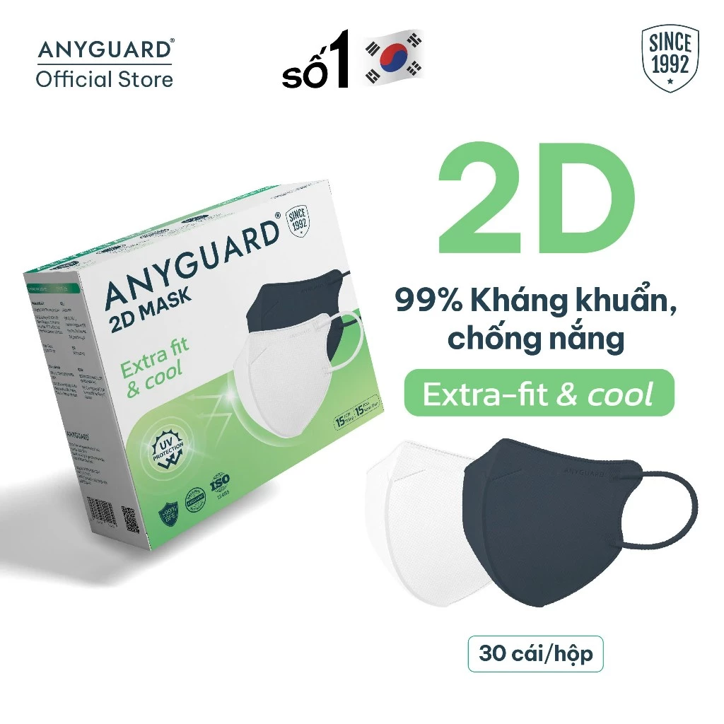 Khẩu Trang Hàn Quốc Anyguard 2D Super Fit & Cool Ngăn Tia UV, An Toàn Cho Da Nhạy Cảm (Hộp 30 Cái)