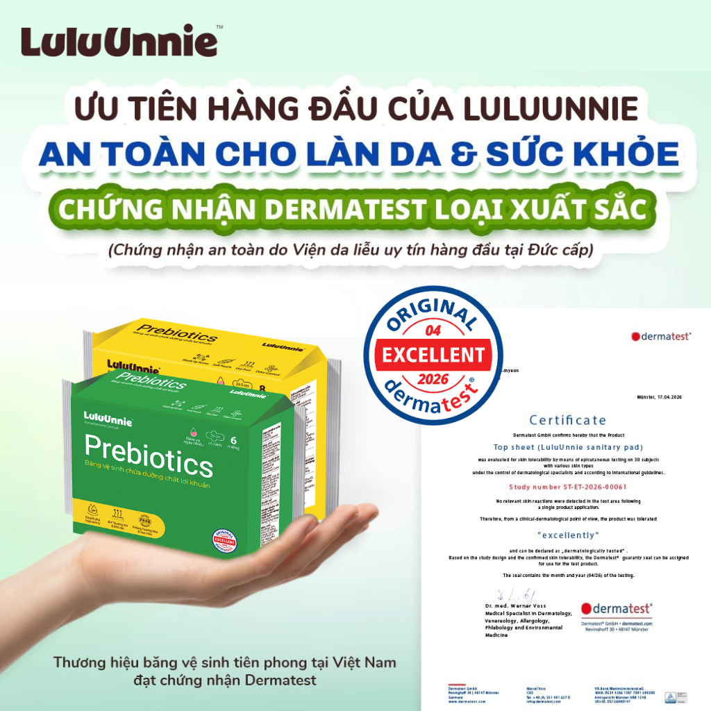 Băng vệ sinh miếng lợi khuẩn LuluUnnie đạt chứng nhận Dermatest